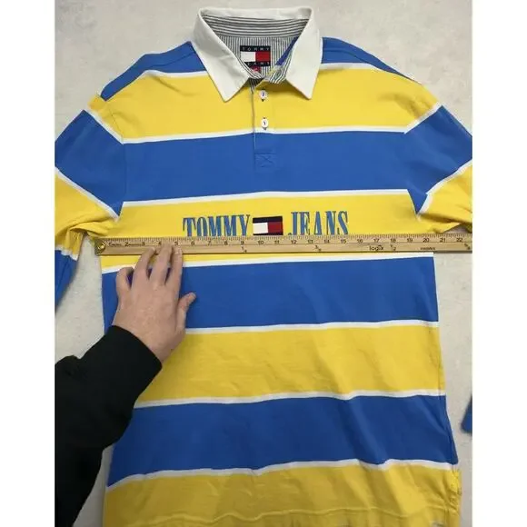 Tommy Jeans Mens Small Blue Yellow Striped Rugby Polo Long Sleeve Shirt 100% Cot - Picture 4 of 6